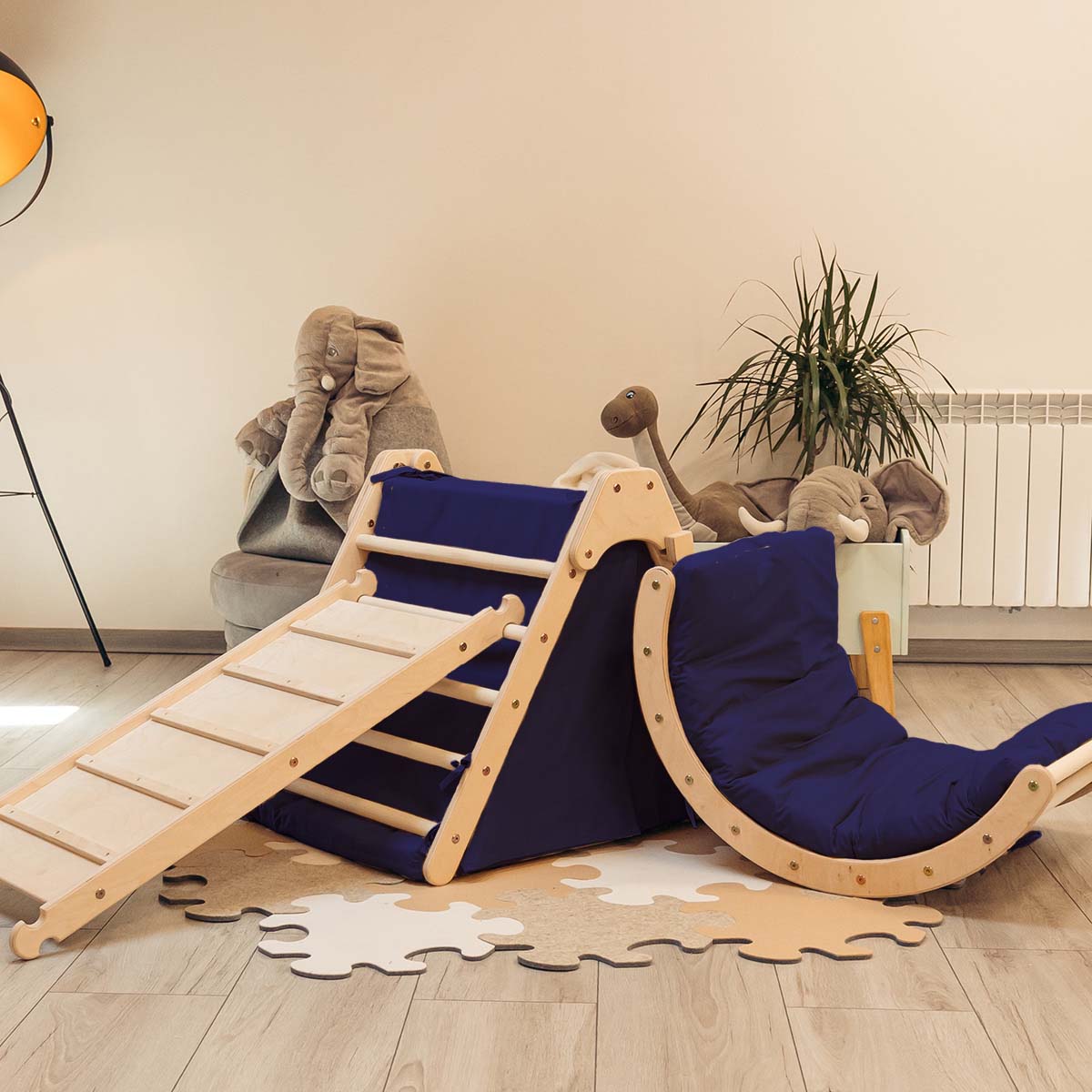 Kletterset | Klappbares Kletterdreieck mit Hühnerleiter Rutsche und Wippe | mit Zubehör aus Stoff | Lisel