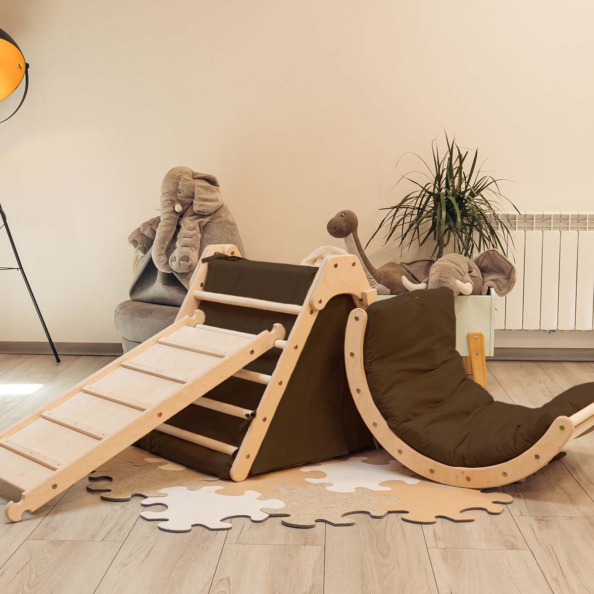 Kletterset | Klappbares Kletterdreieck mit Hühnerleiter Rutsche und Wippe | mit Zubehör aus Stoff | Lisel