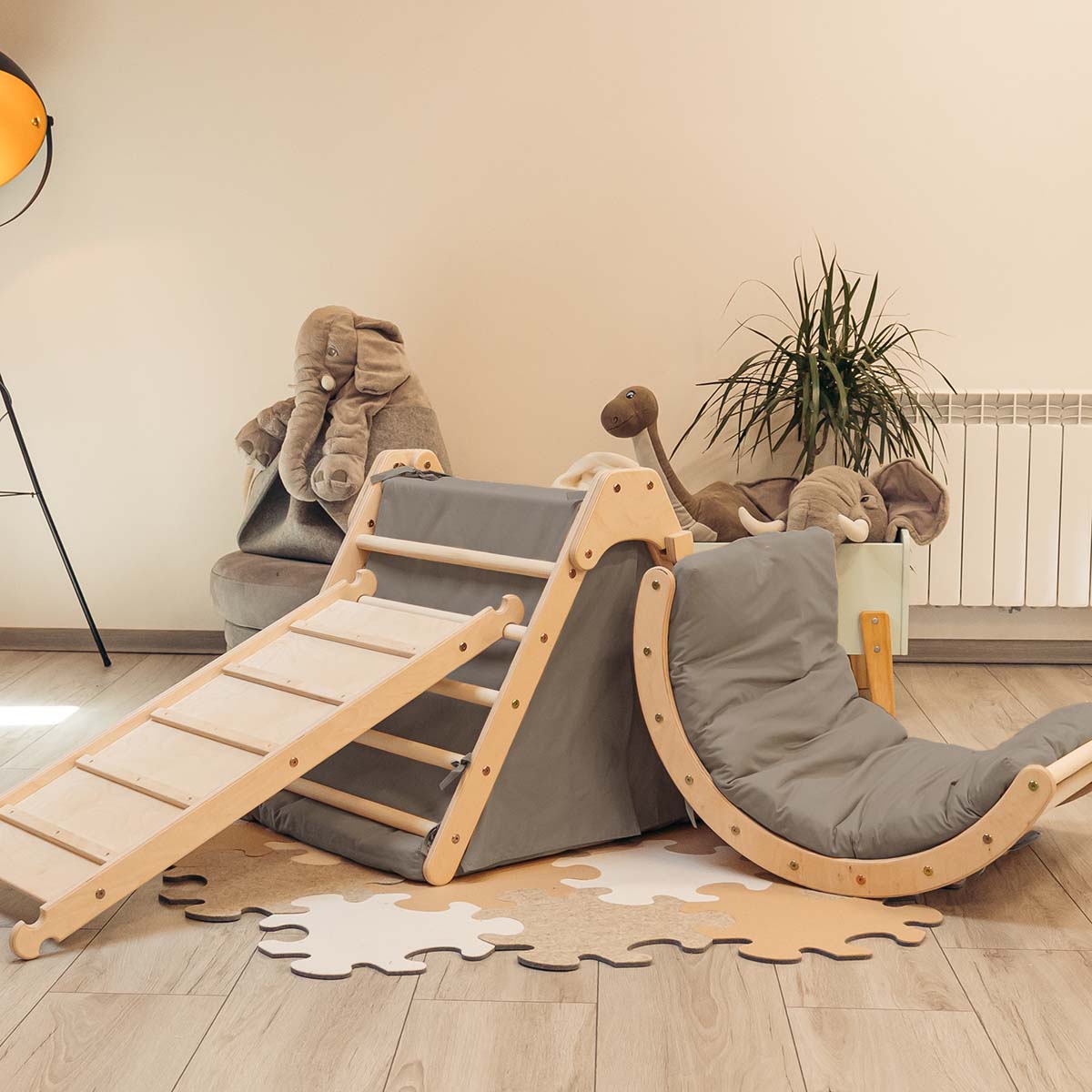 Kletterset | Klappbares Kletterdreieck mit Hühnerleiter Rutsche und Wippe | mit Zubehör aus Stoff | Lisel