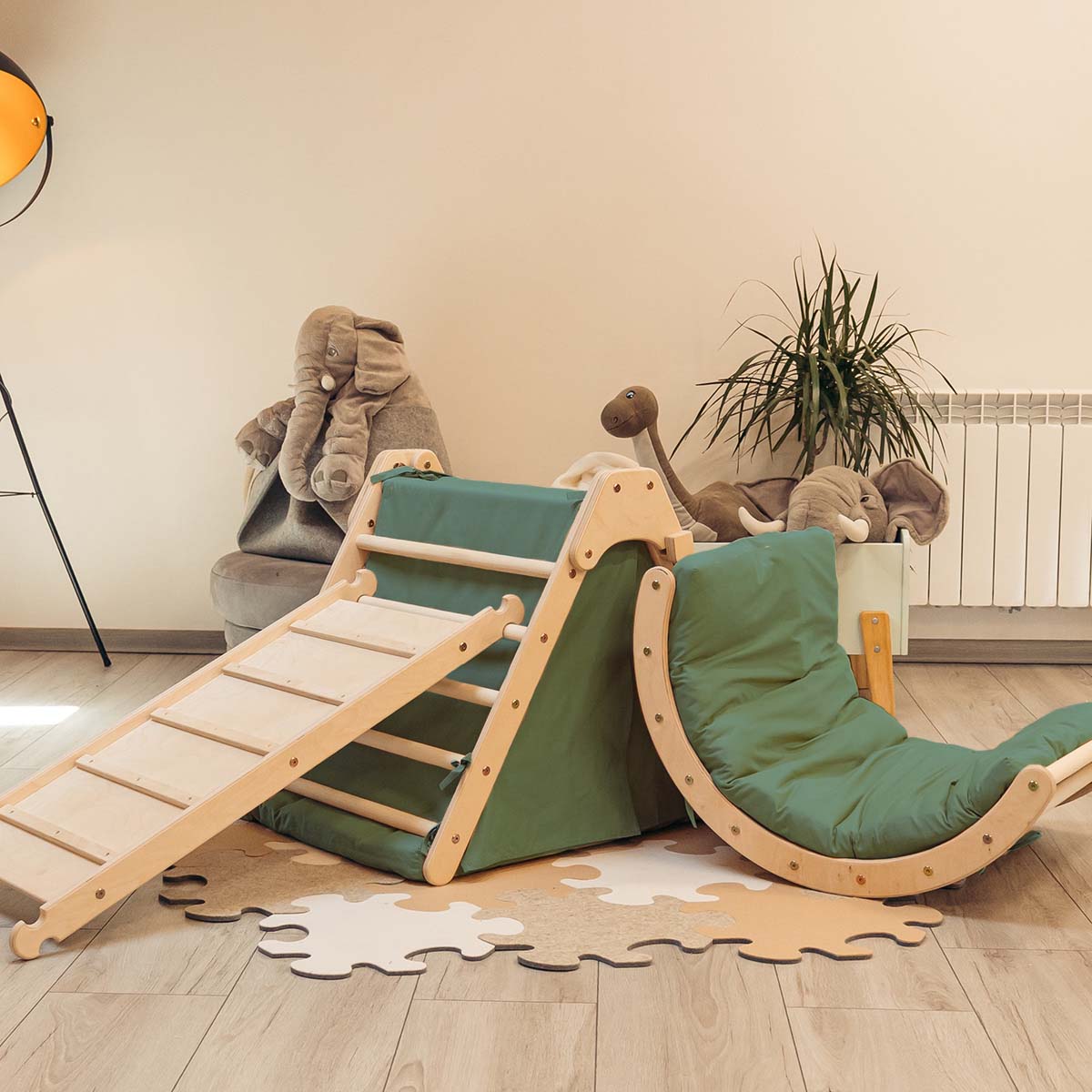 Kletterset | Klappbares Kletterdreieck mit Hühnerleiter Rutsche und Wippe | mit Zubehör aus Stoff | Lisel
